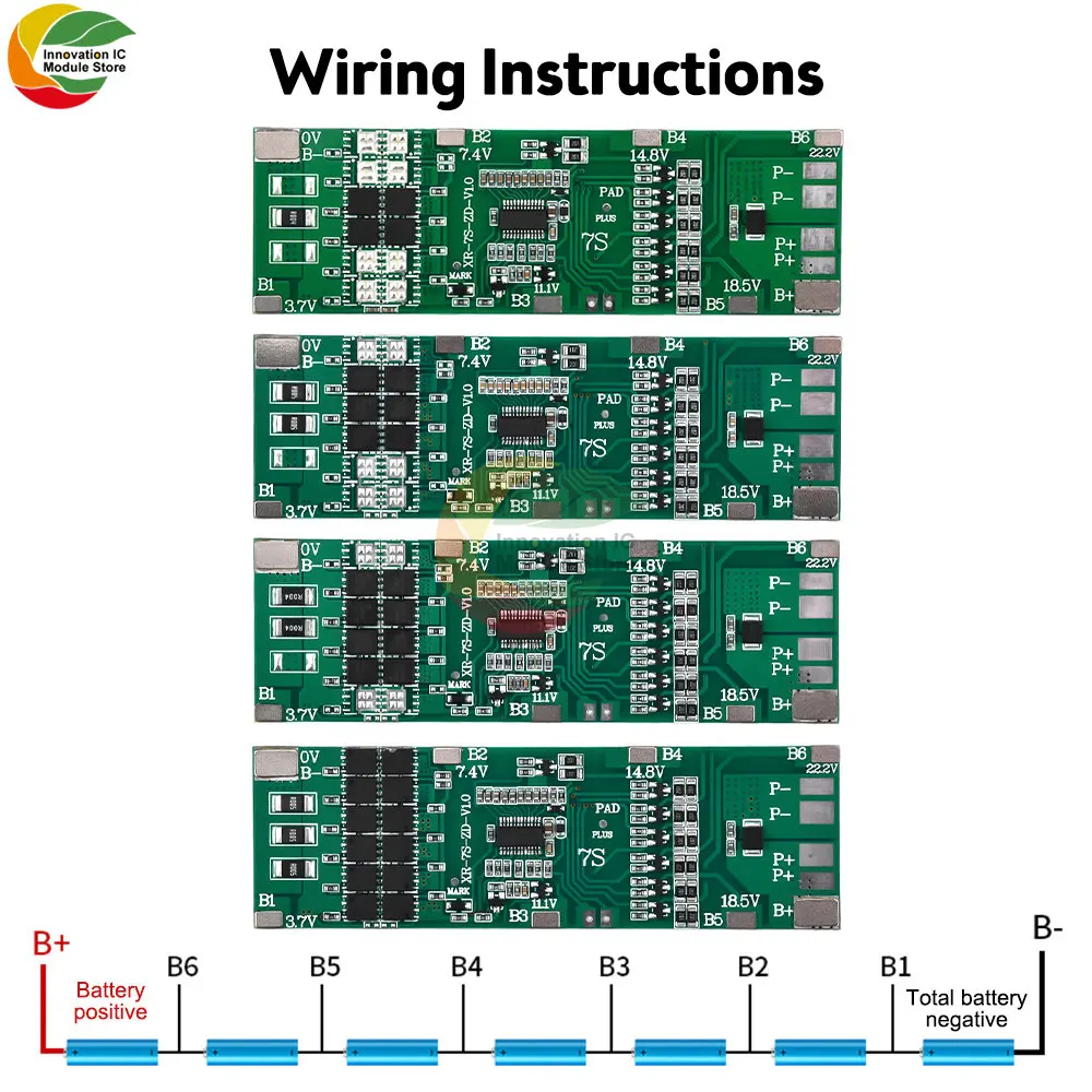 Защитная плата BMS 7S, 24 В, 10 А, 15 А, 20 А, 30 А, 18650 для литиевых батарей, с балансировщиком батареи, комплект BMS для зарядки внешнего аккумулятора