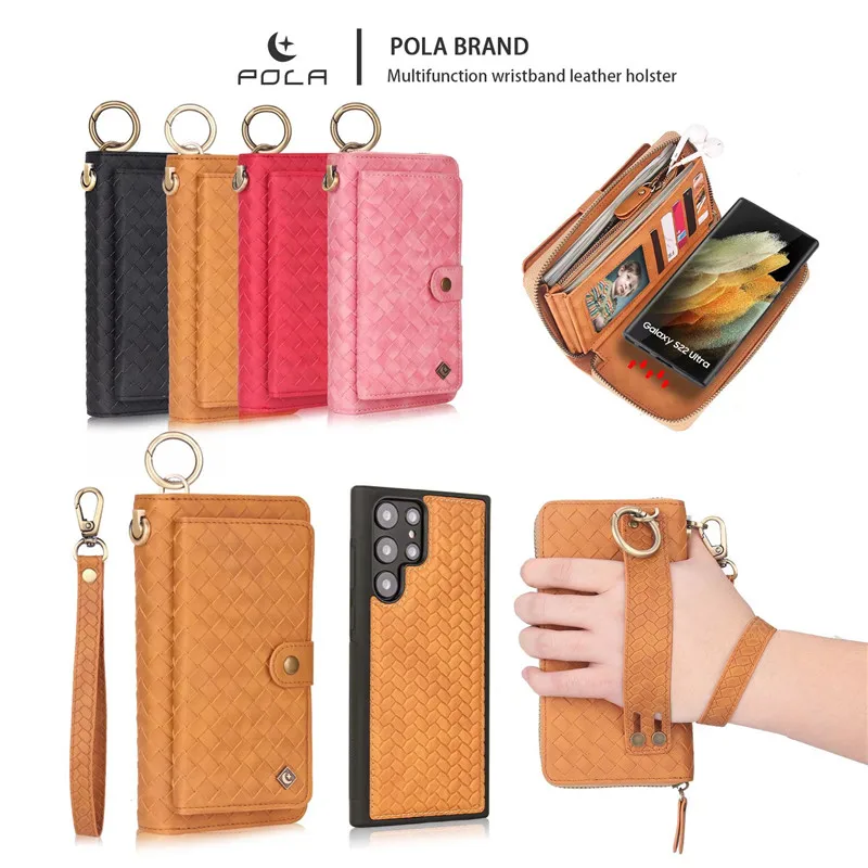 POLA Business Case For Samsung Galaxy S22 Plus Ultra Woven Pattern Zipper Leather Magnetic Wallet Split Cover