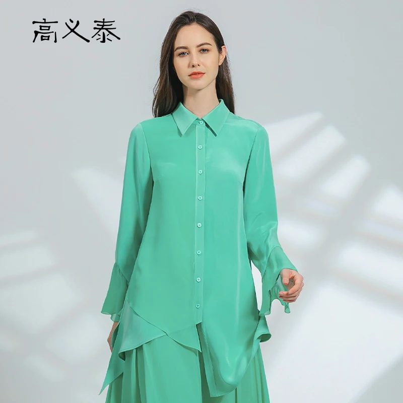 

High End Stylish Flare Long Sleeve Blouses Beach Glass Silk Asymmetrical Office Ladies Shirts Spring Polo-Neck Womens Tops BY168