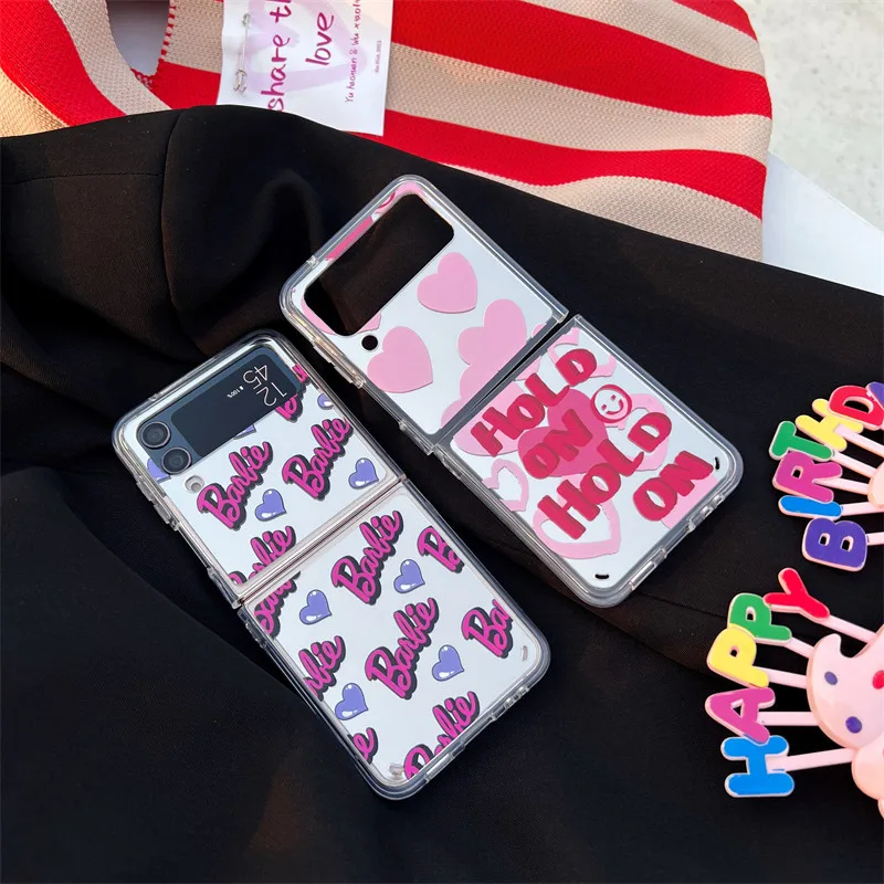 

NEW Fashion B-Barbies Mirror Film Phone Case for Samsung Galaxy Z Flip 3 Z Flip 4 5G PC Hard Girl Anti-drop Back Cover Funda