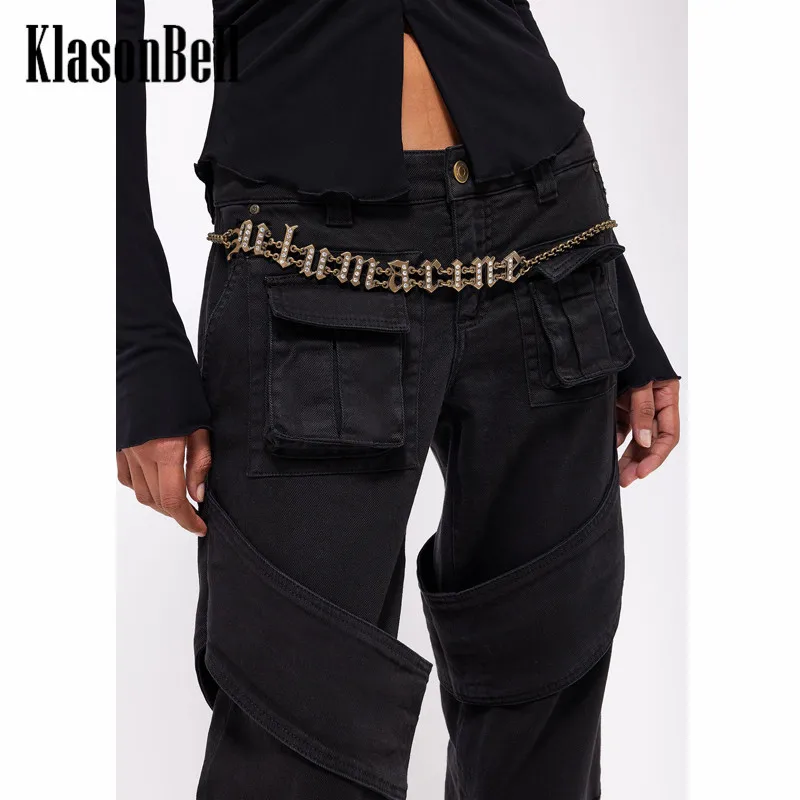 4.24 KlasonBell Runway Fashion Crystal Diamonds Letter Brass Chain Metal Belt Women