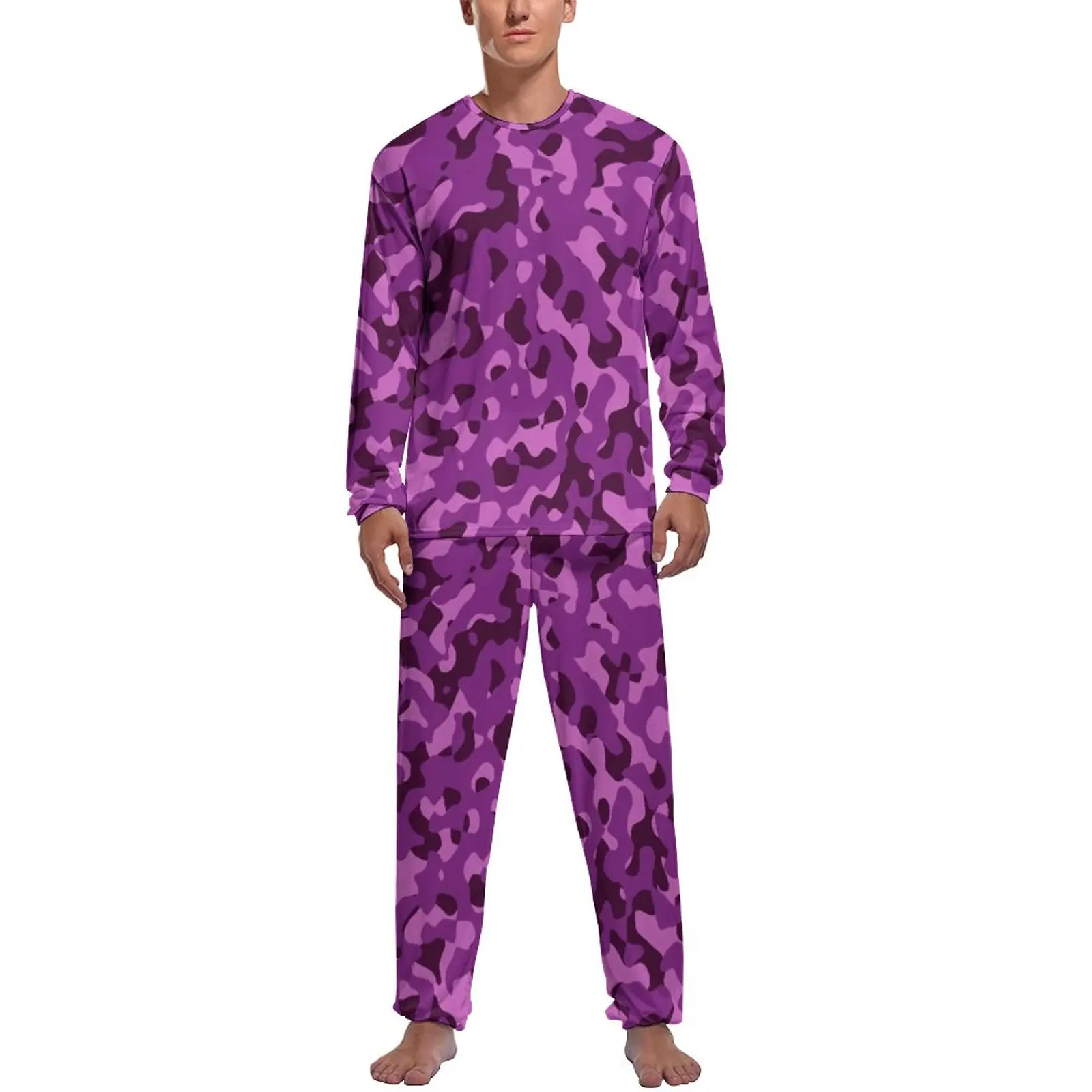 Abstract Camo Print Pajamas Autumn Purple Camouflage Leisure Home Suit Man Two Piece Printed Long Sleeves Warm Pajamas Set