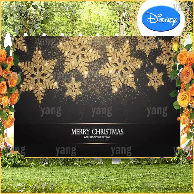 Cartoon Golden Snowflake Custom Merry Christmas Gifts Glitter Happy New Year Decoration Background Banner Happy Party Backdrop
