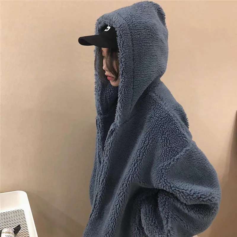 2022 Wintet Vintage Thick Plush Coat Women Korean Loose Zipper Lamb Fleece Jacket Female Lazy Style Warm Outwear Tops