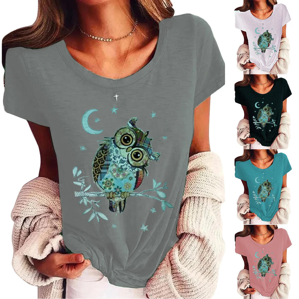 

Женские футболки короткий рукав свободный крой графический, с милым принтом в виде совенка, футболка с круглым вырезом Блузки, Топы, спортив...