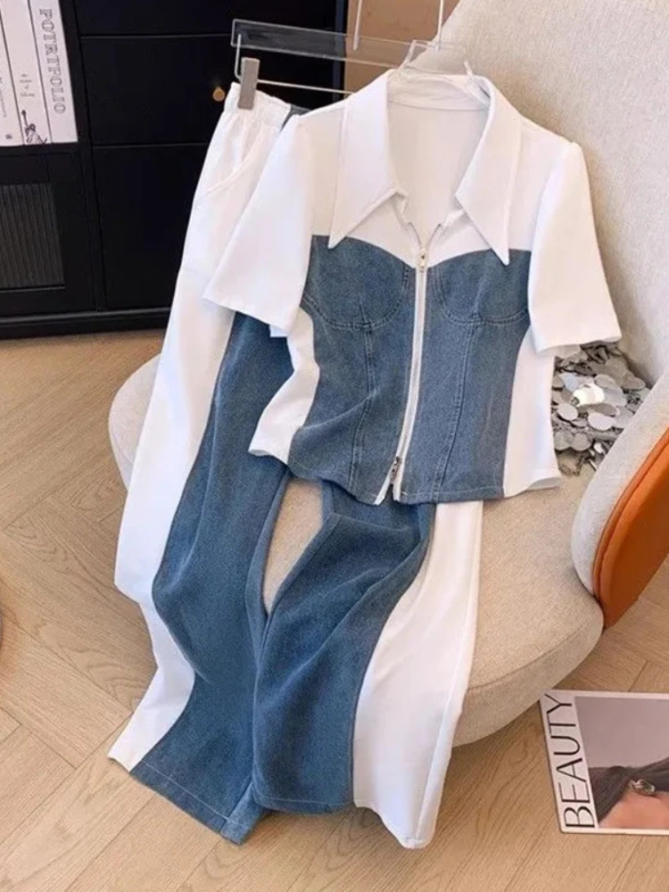 Женский джинсовый костюм с лацканами лоскутный топ воротником на молнии и
