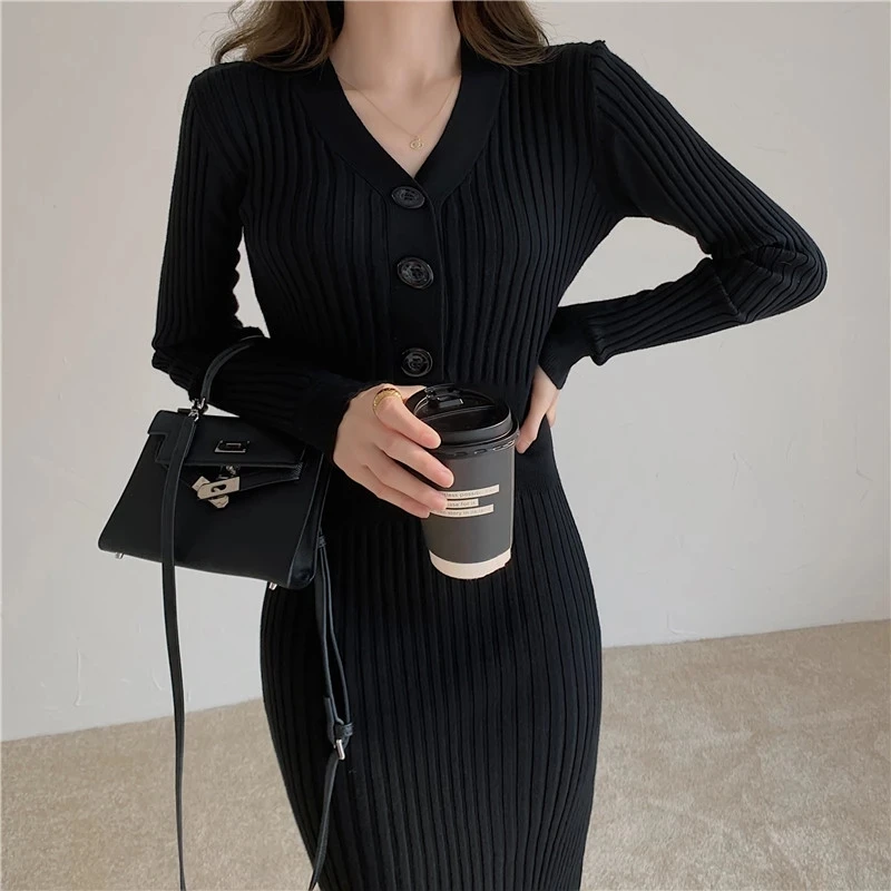 

2021 Autumn Winter Elegant Ribbed Dresses Sweater Tight-fitting Knitted Dress Female Evening Party Tunic V-neck Long Vintage