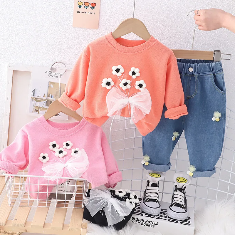 

Girls Kids Baby Spring and Autumn Clothing Set Children's Clothes jeans Pants Baby Girls Cute Sweater Jeans Two-piece Set