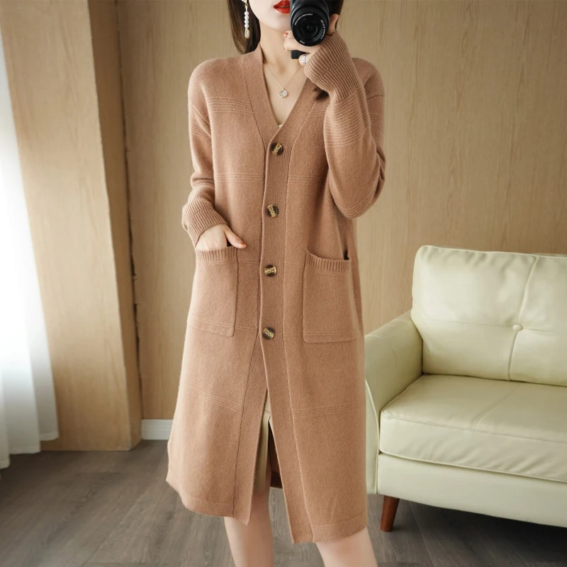 BELIARST 100% Wool Sweater Autumn/winter 2021 New Woman V-Neck Cardigan Korean Fashion Long Knit Tops Female Jacket Warm Coat