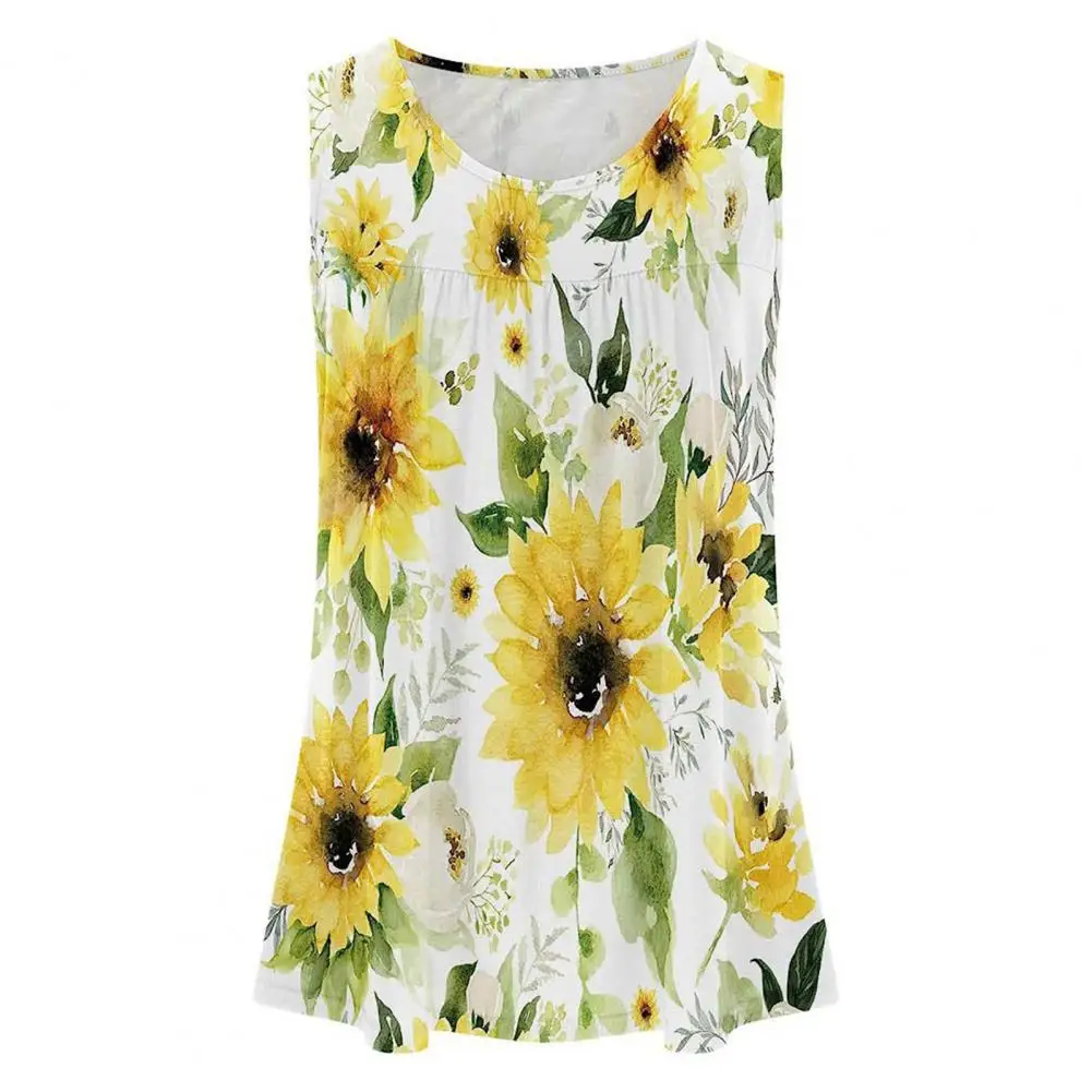 

Stylish Summer Sleeveless Women's Tank Tops Floral Feather Heart Print Loose Pleated Hem Vests with Round Neck Trendy Tees for A
