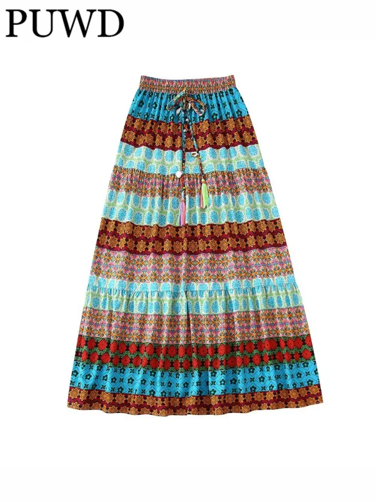 

Женская длинная юбка на шнуровке PUWD с принтом, лето 2022, модная повседневная женская юбка из полиэстера для девушек