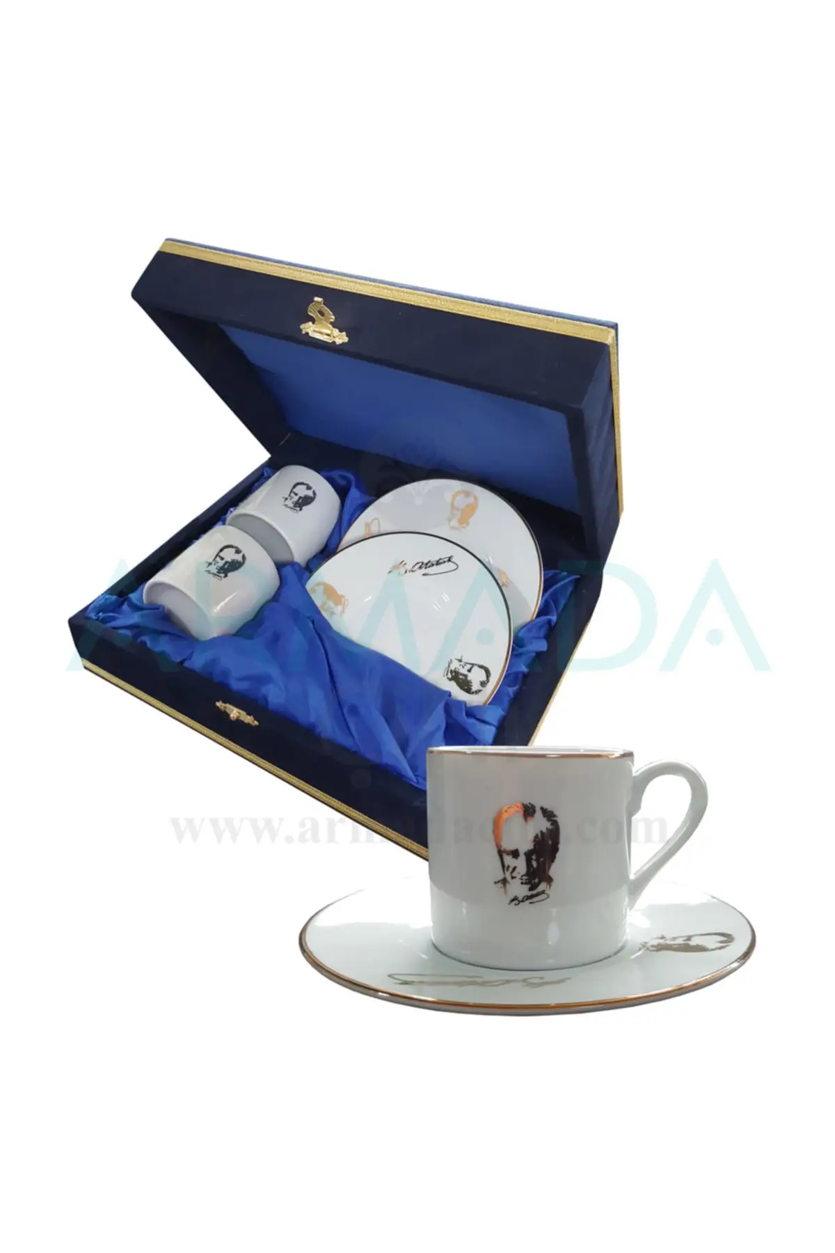 

Amazing Turkish Greek Arabic Coffee & Espresso Cup Set Armada Gnome AR 667 Ataturk Themed Gold Gilded 2 LI Porcelain cup Set