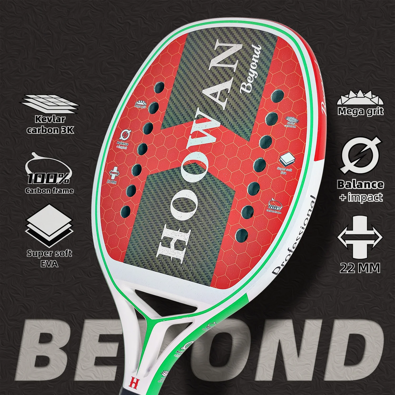 HOOWAN Beyond Beach Tennis Racket Yellow Kevlar Weave with 3K Carbon Fiber Professional Paddle Rough Finish Black Soft EVA Core