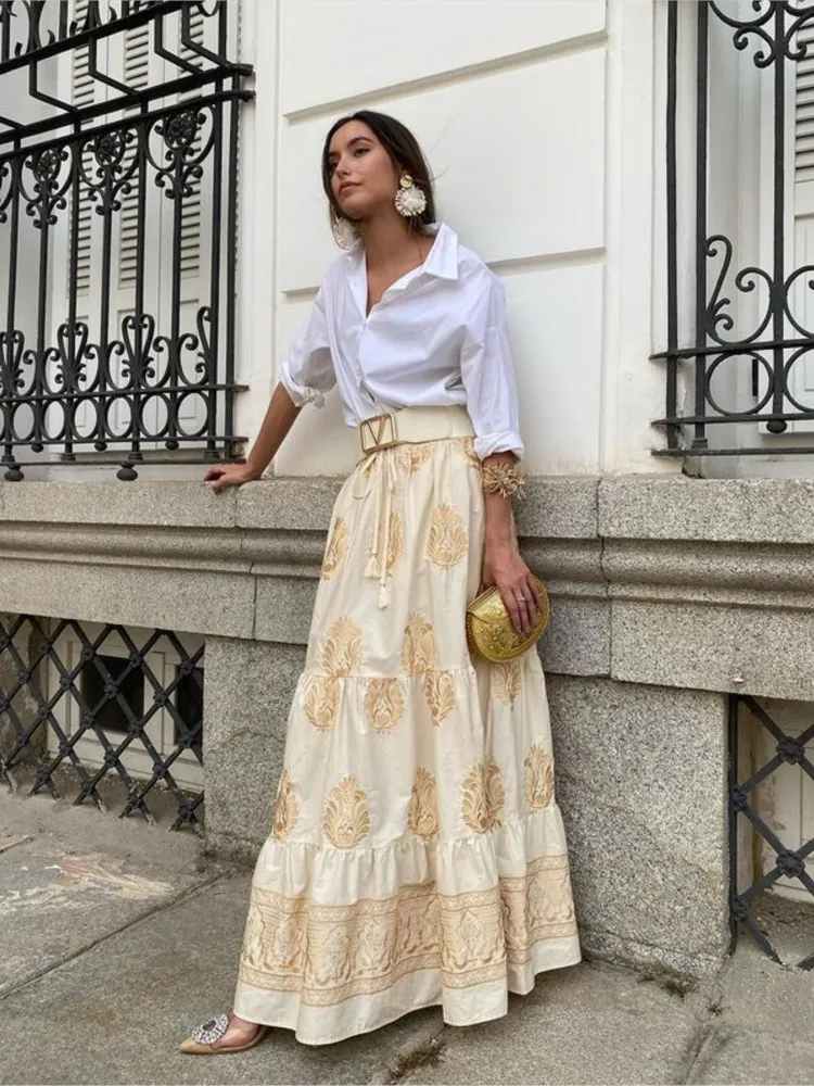 Юбка женская с винтажным принтом модная повседневная свободная длинная юбка на