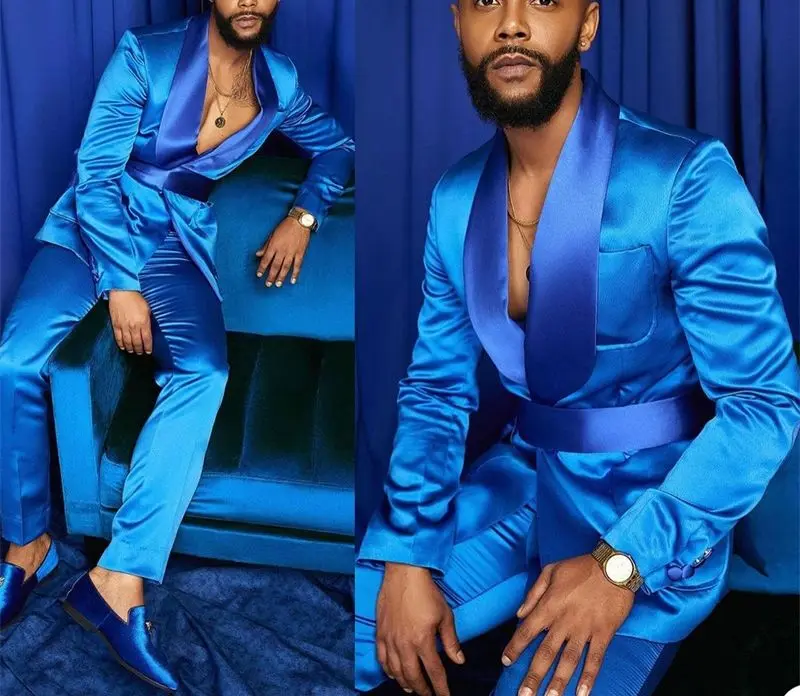 New Fashion Italian Silver Men Suits Satin Slim Fit Royal Blue Shiny Groom Prom Wedding Tuxedo Tailored Blazer Set Costume Homme