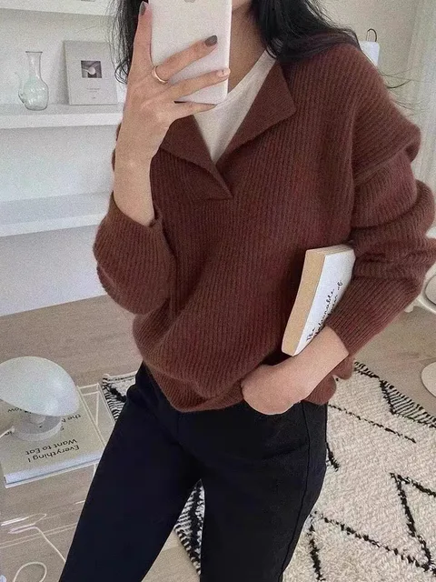 ITOOLIN Autumn Women Knitted Ribbed Loose Sweater V-neck Long-sleeved Oversize Pullovers Solid Sweater For Women Jumpers Winter 4