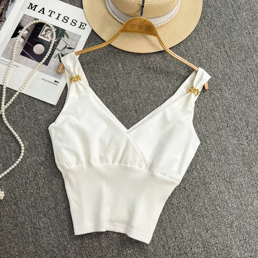 

Женский топ без рукавов, однотонный укороченный топ с асимметричными вставками, V-образным вырезом и цепочкой, с открытой спиной, в Корейском стиле, на лето