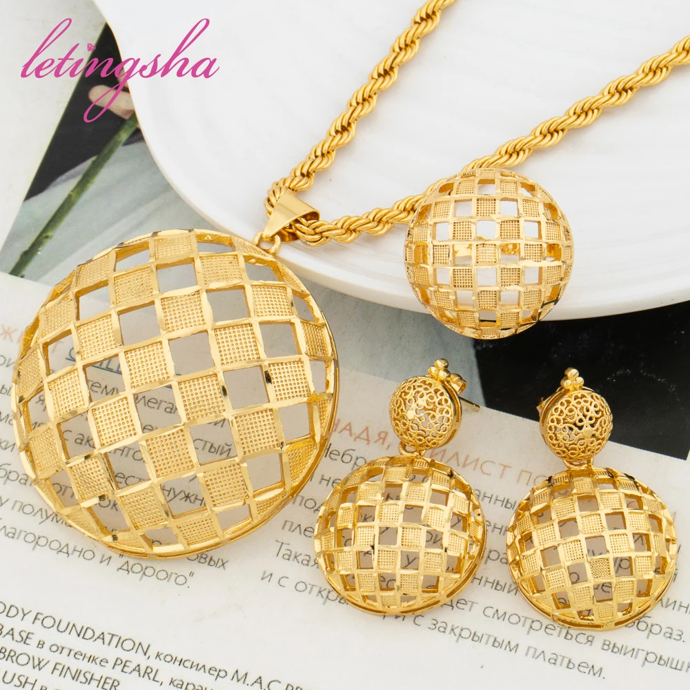 

Dubai Spherical Jewelry Sets Brazilian Hollow Design Earrings Rings Pendant Necklace Sets For Women Luxury Gold Color Jewellery