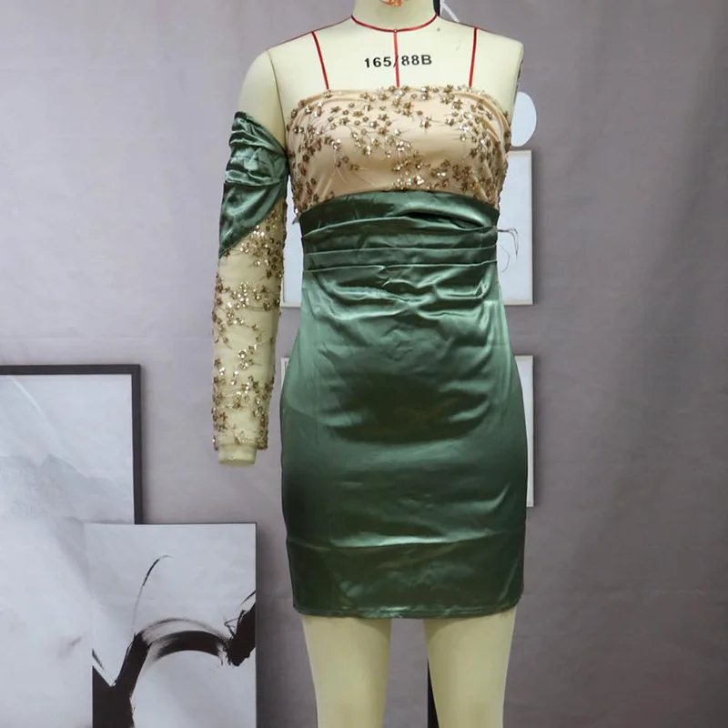 

2022 New Sequin Short Bag Hip Skirt Long-sleeved Strapless Birthday Party Nightclub Club Evening Dress New Sequin Small Dress