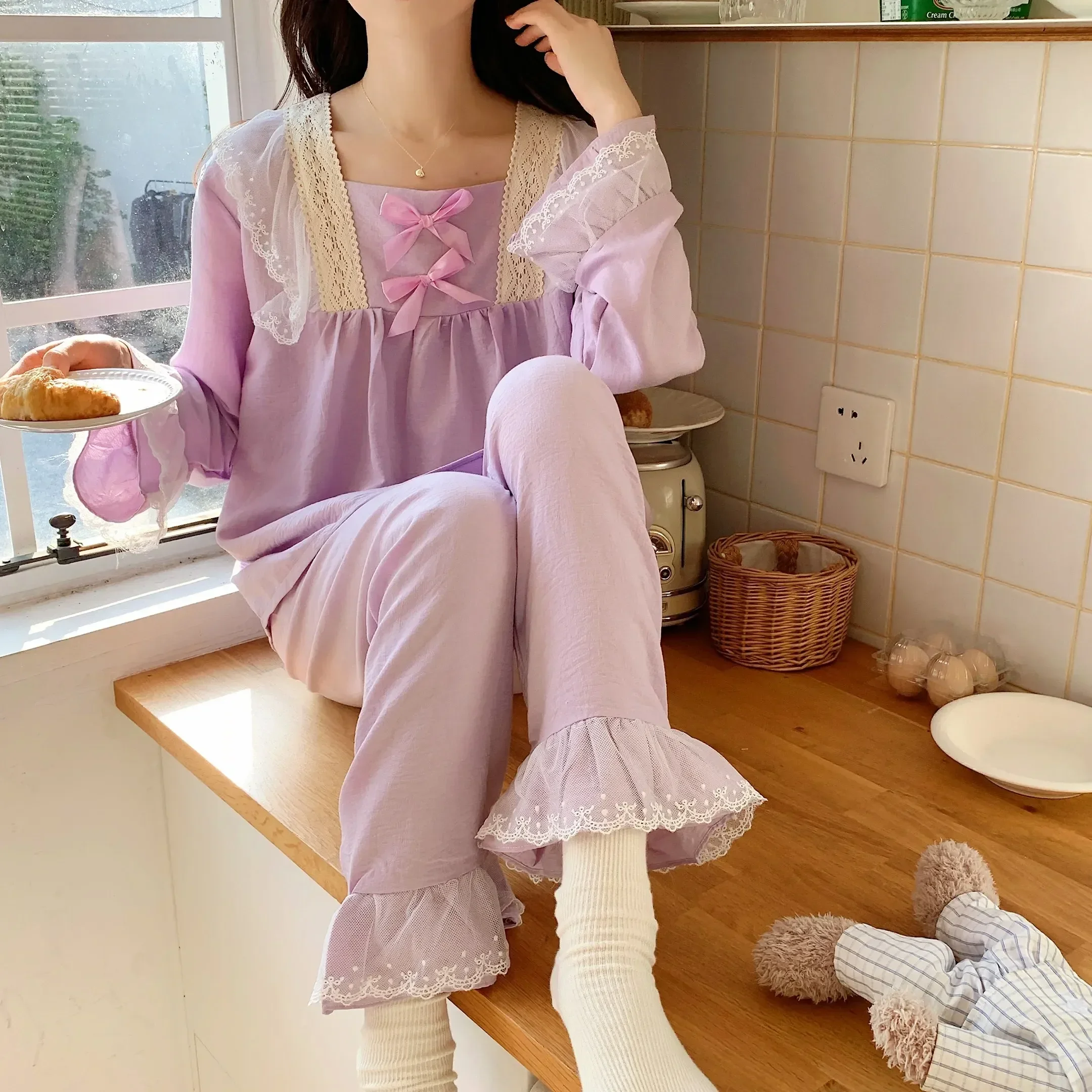

Solid Womens Homewear Two Sleepwear Casual Size Loose Plus Ladies' Set Pajamas For Sleeve Piece Color Sleep Long