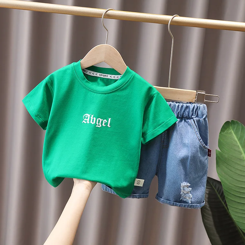 

2PCS Kids Short Sleeves T-shirt Boys Angle Wings Printing Top Jeans Pant Clothing Set Kids Fashion Cotton Breathable Tees