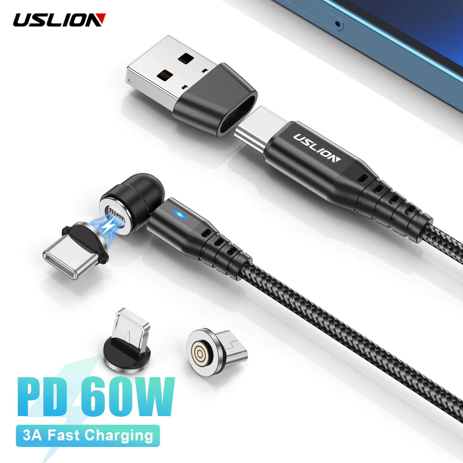 

USLION PD 60W Magnetic Cable 2 in 1 Fast Charging USB C to Type C Micro Data Cord for iPhone 14 13 Pro Max Xiaomi 12 Poco M5 X4