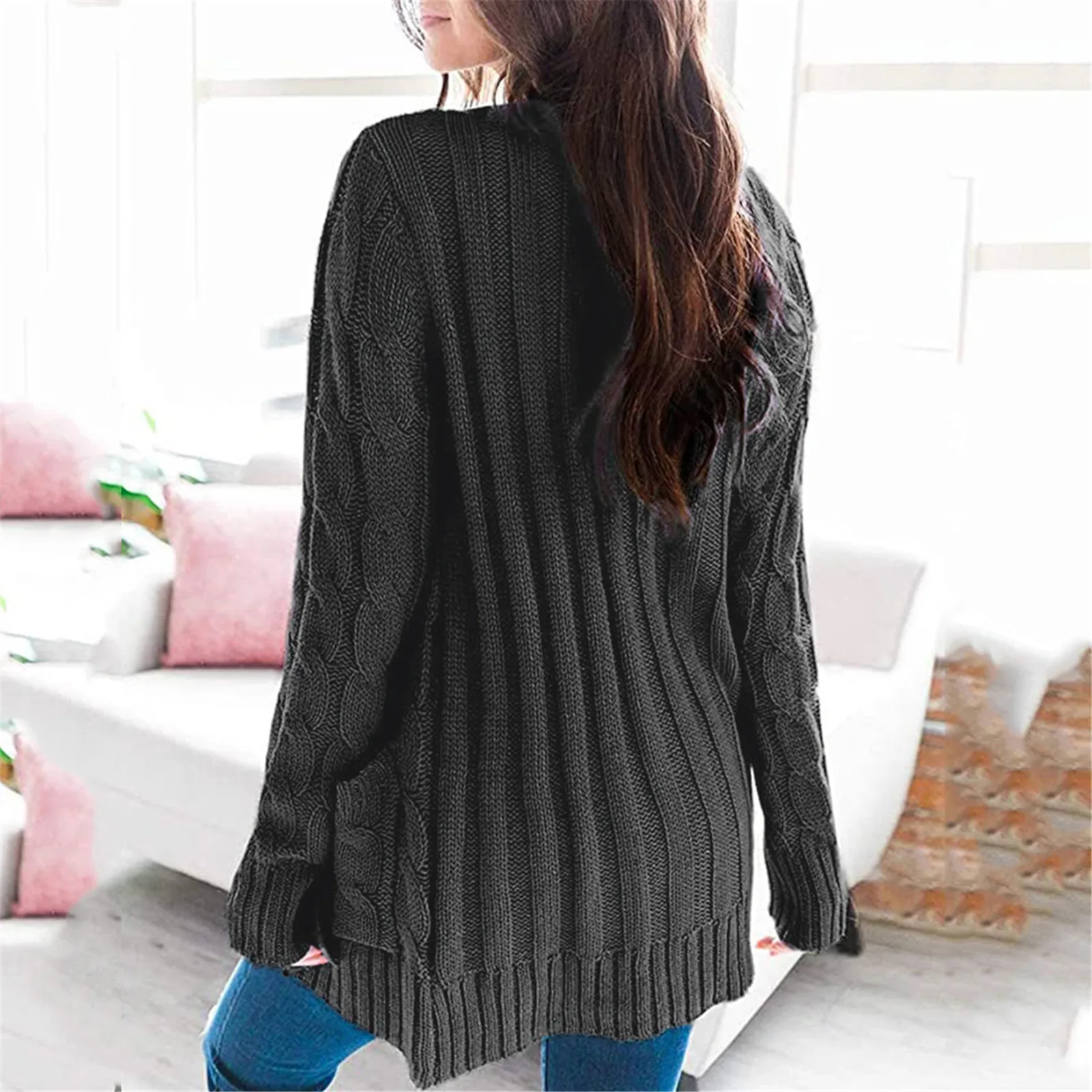 

Women Loose Sweaters Pockets Boho Coat Long Sleeve Knit Cardigan for Women Female Medium Length Solid Color Tops