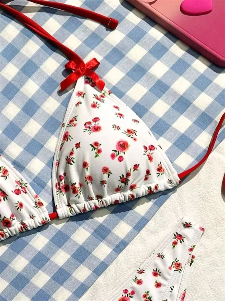 Треугольный комплект бикини бандажный купальник с цветочным принтом женский