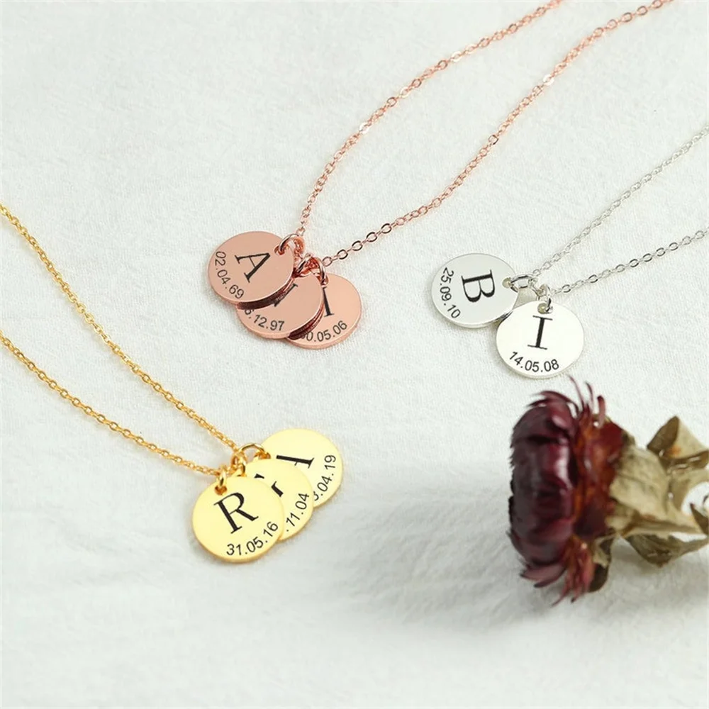 

Custom 1-3 Name Initials Necklaces for Women Stainless Steel Round Pendant Laser Engraved Date Gold Necklace Anniversary Gift