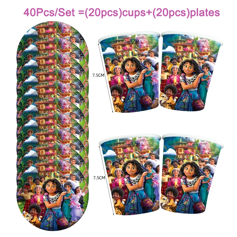 

40pcs Disney Encanto Party Decoration Supplies Purple Cups Cake Plates Disposable Tableware Baby Shower Decor Birthday Gift Pack