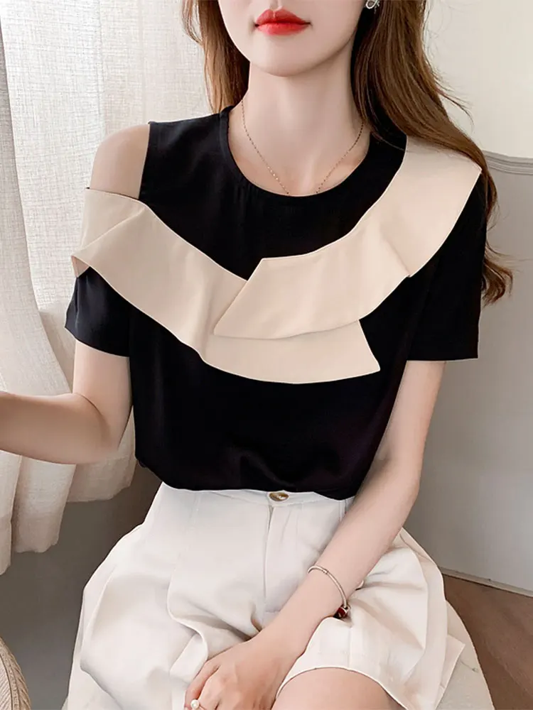 

Summer New Blouse For Women Black Short Sleeve Vintage Lace Chiffon Blouses Femme Off Shoudder Shirts Blusas Mujer De Moda Tops