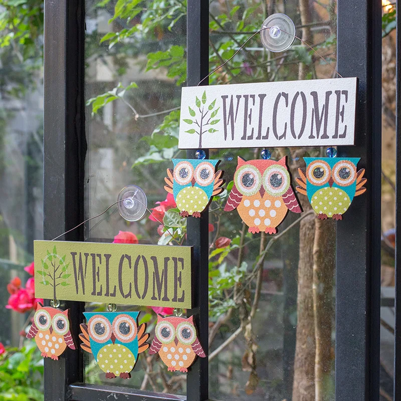 

Owls Hanging Hello Wooden Welcome Sign Plaque Home Art Decor Rustic Farmhouse Porch Front Door Sign Flower Wreath Ornament
