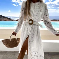 summer fashion stand collar lace mini dresses for women 2022 casual solid color hollow out lace buttons ladies dress vestidos