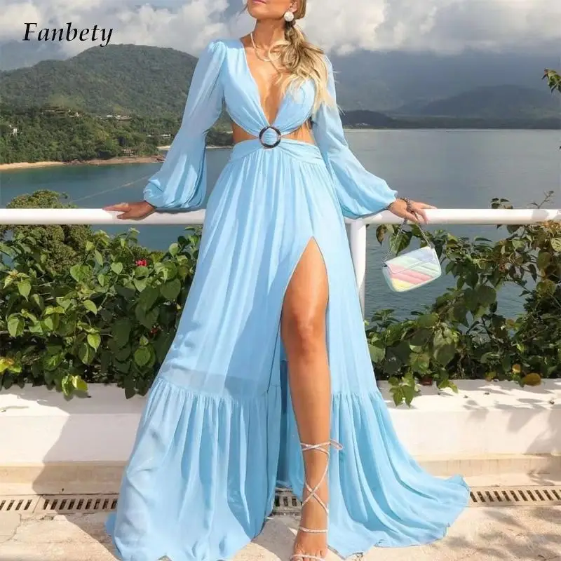 

Women Sexy Deep V-neck Hollow Out Long Dress Casual Long Sleeve Pleated Solid Beach Dress Office Elegant Hight Split Party Dress