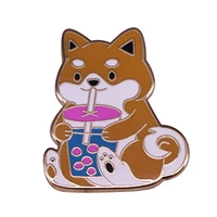 cute dog drinks milk tea enamel pin wrap clothes lapel brooch fine badge fashion jewelry friend gift