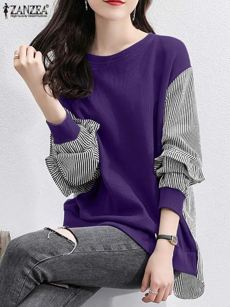 

ZANZEA Loose Pullover Spring Patchwork Blouse Women Casual Long Sleeve O Neck Striped Printed Shirt Oversized Holiday Tunic Top