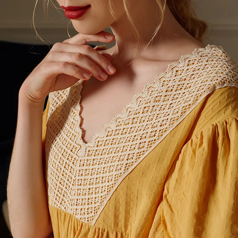2022 Summer V-neck Pullover Retro Classical Beauty Back Ginger Puff Sleeve Nightdress Long Skirt Home Clothes Can Be Worn Outsid