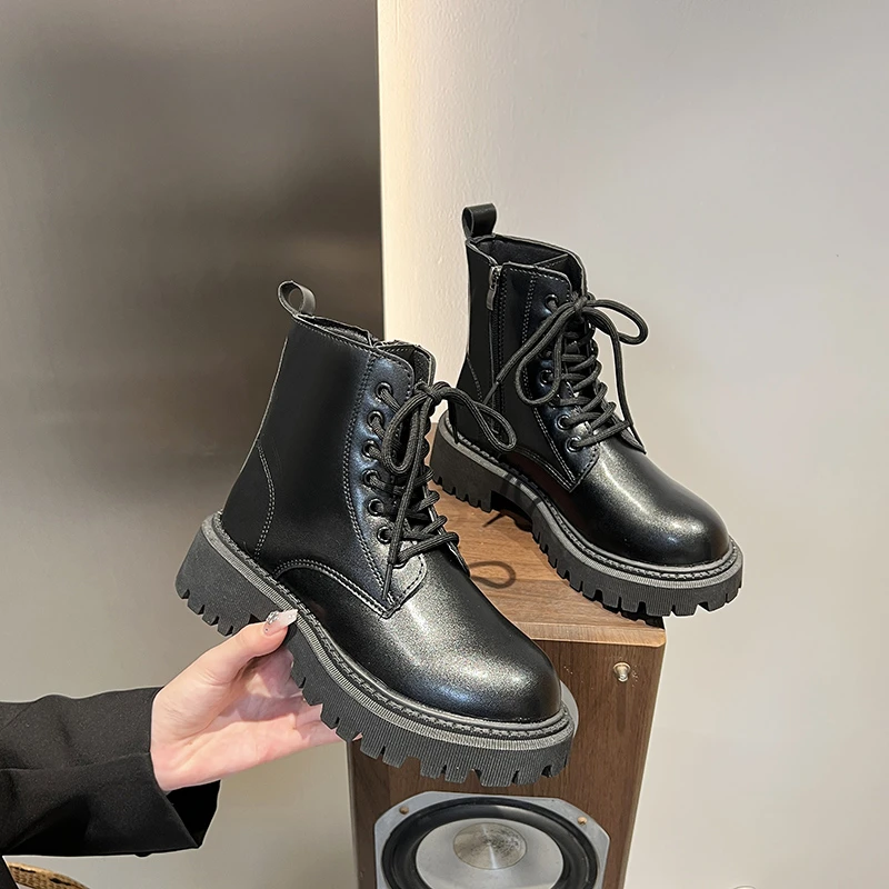 Women's Patent Leather Boots Ankle Boots Women's Chunky Heels Women's Flat Booties Rubber Sole Boots Botas  Women Shoes