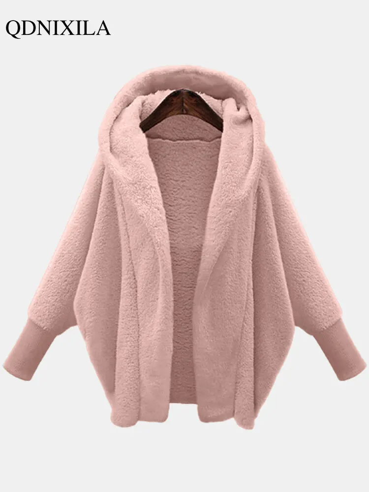 

Женское зимнее пальто из искусственного меха, толстое свободное повседневное худи с рукавом «летучая мышь», теплая уличная одежда большого размера, 2023