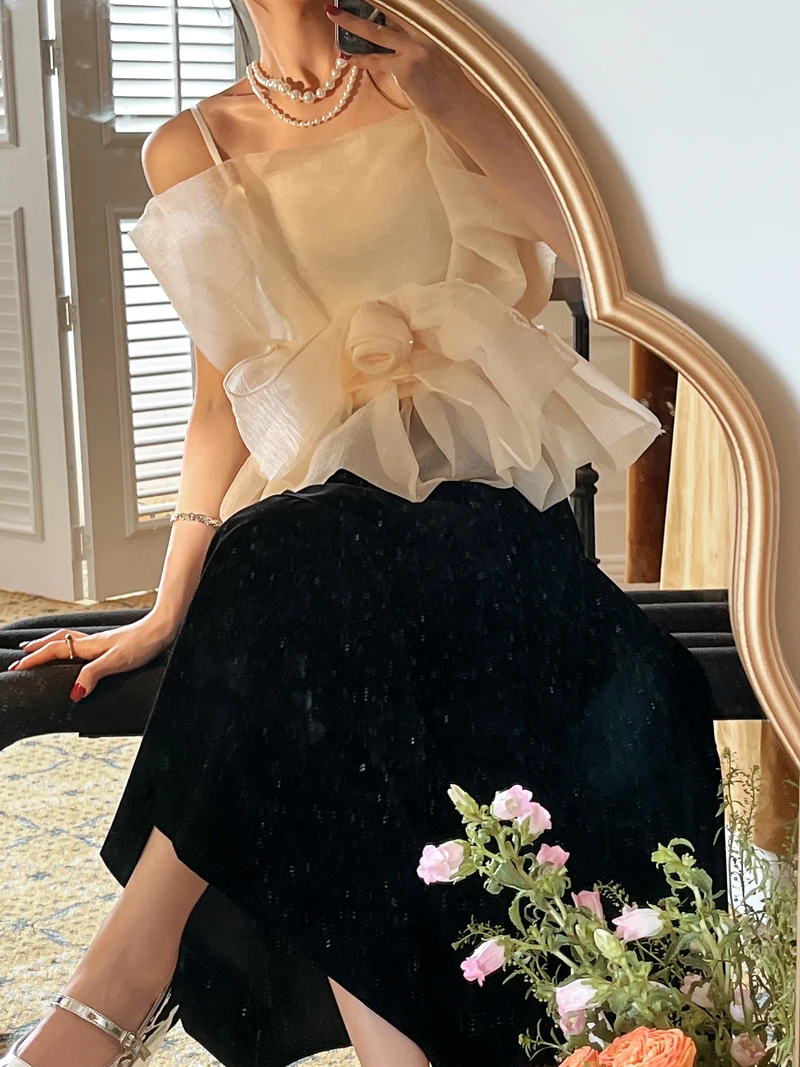 

ZCSMLL прозрачный топ из органзы с открытой спиной, тюль, дизайнерский корейский топ на бретельках с баской, летние праздничные наряды, элегант...