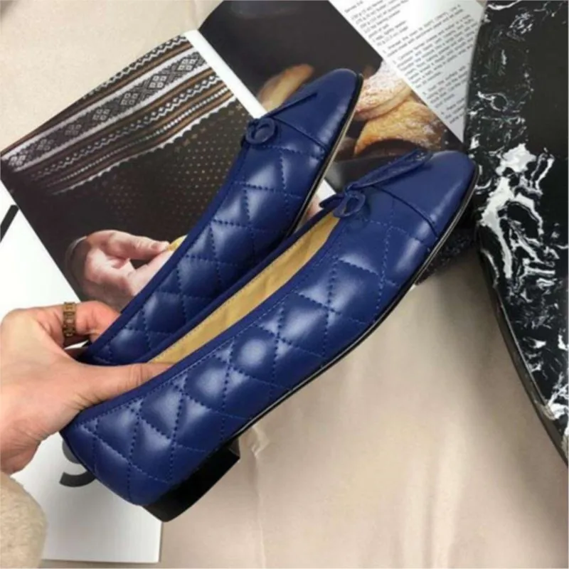 

Round Head Bow Cc Ballet Flat Shoes For Women 's Ribbed Leather Professional Luxury Designer Shoes Plus Size 43 zapatos mujer