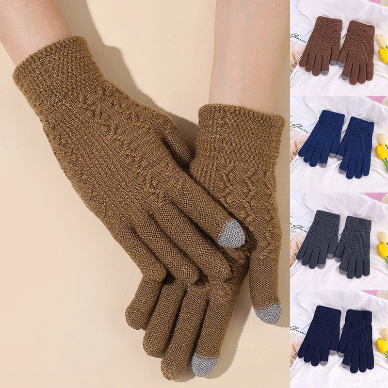 

Winter Knitted Fleece Gloves Tough Screen Mittens Women Men Warm Stretch Kitting Thicken Wool Full Finger Gloves Female Guantes