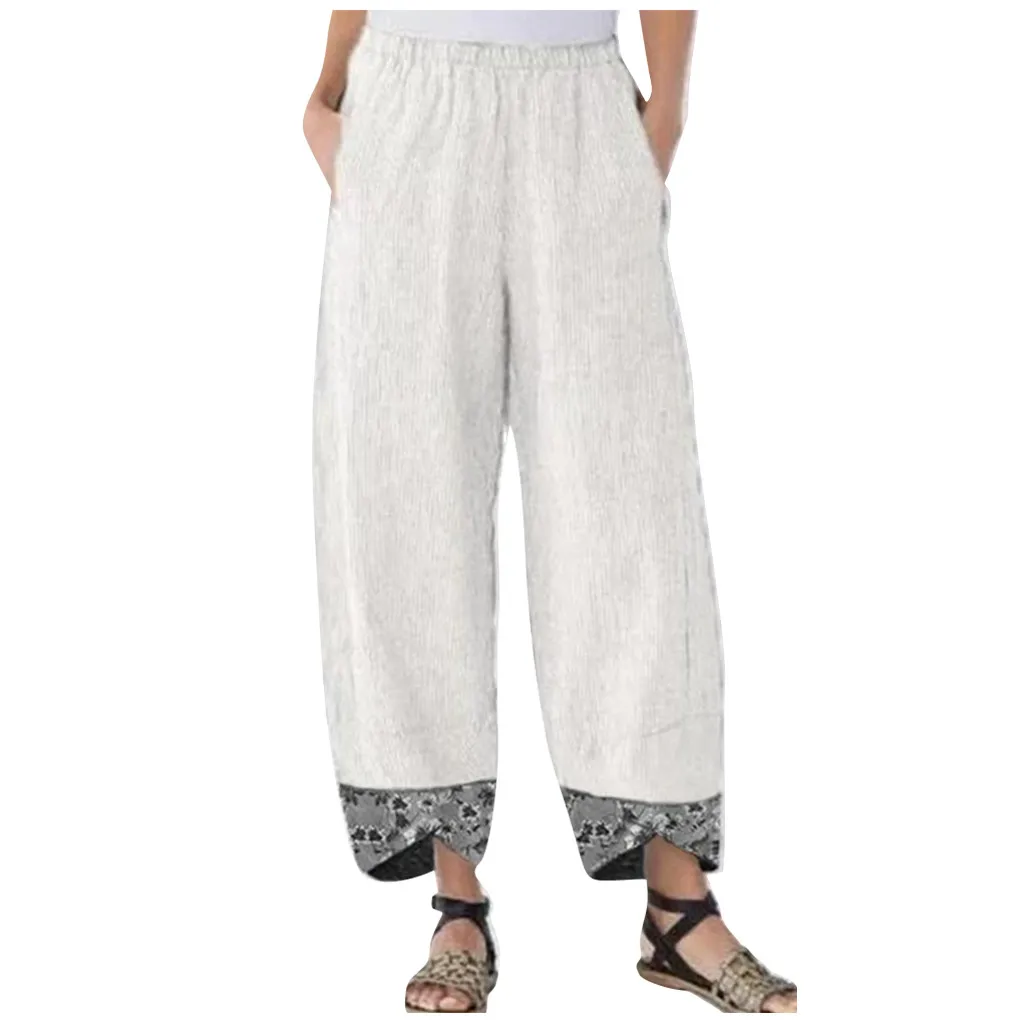 Korean Fashion Loose Cotton Linen Pants for Women Vintage Print Elastic Waist Wide Leg Trousers with Pockets Beach Leisure Pants
