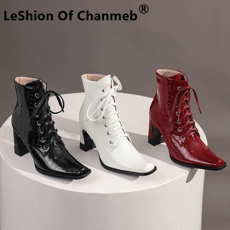 

LeShion Of Chanmeb Crocodile PU Patent Leather Boots Women Square Toe High Heel Lace-up Red White Black Short Booties Lady 33-45