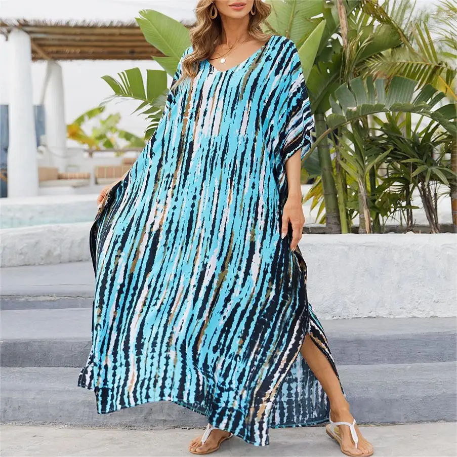 

Накидки для женщин 2022, быстросохнущее пикантное свободное пляжное платье с V-образным вырезом и принтом, длинное платье, пляжная одежда для ...