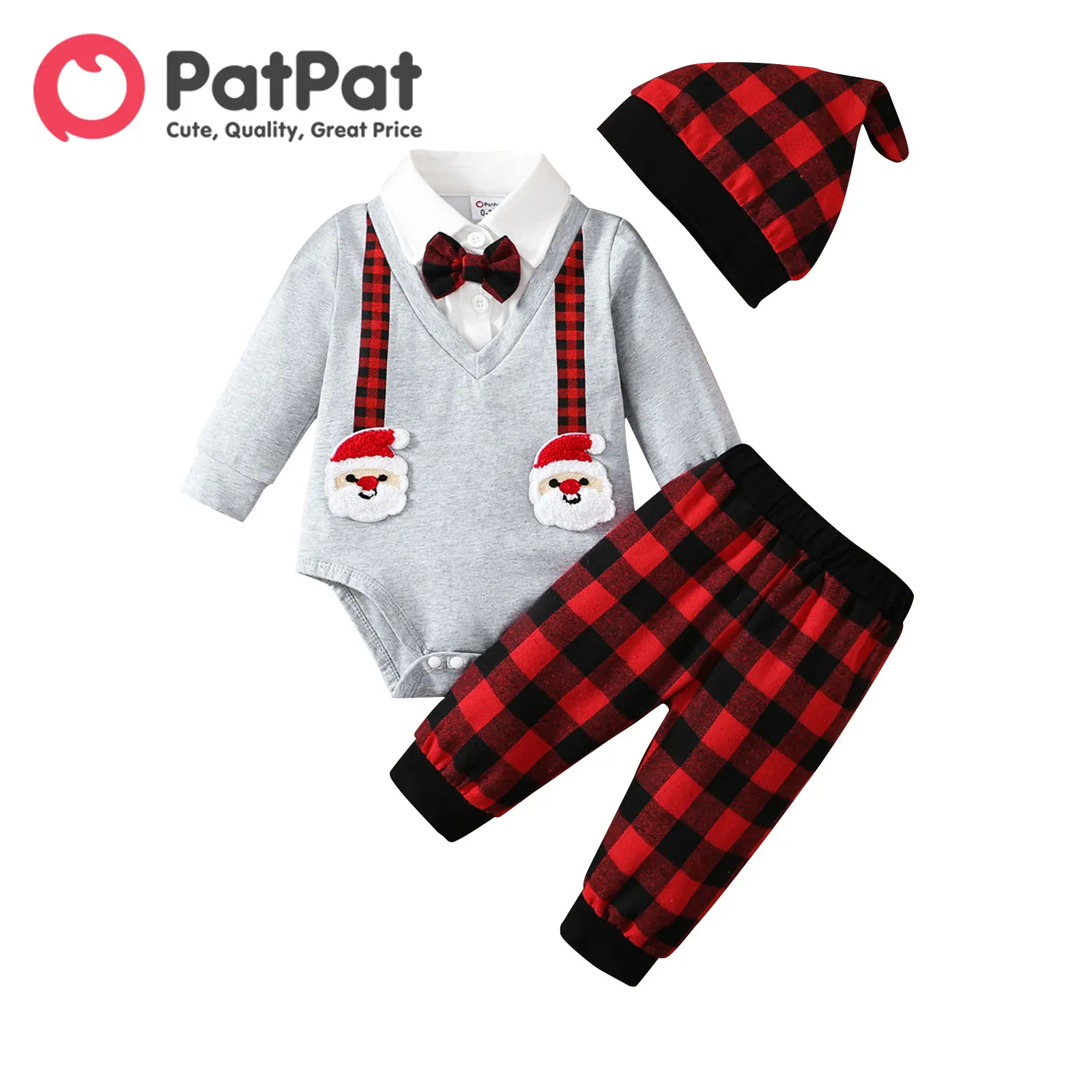 

PatPat Christmas 3pcs Baby Boy 95% Cotton Long-sleeve Santa Badge Bow Tie Romper and Red Plaid Pants with Hat Set