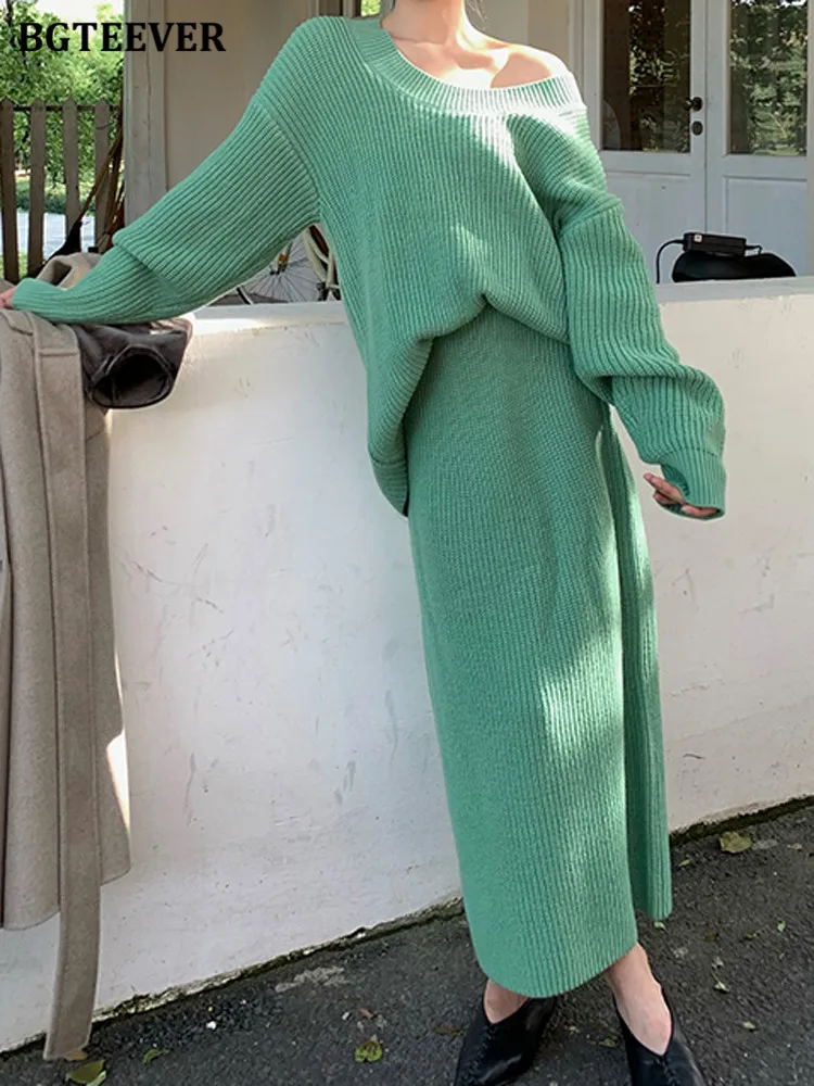 

BGTEEVER Winter 2 Pieces Knitted Skirt Set Women Long Sleeve O-neck Pullovers & Straight Skirt Casual Warm Ladies Sweater Set