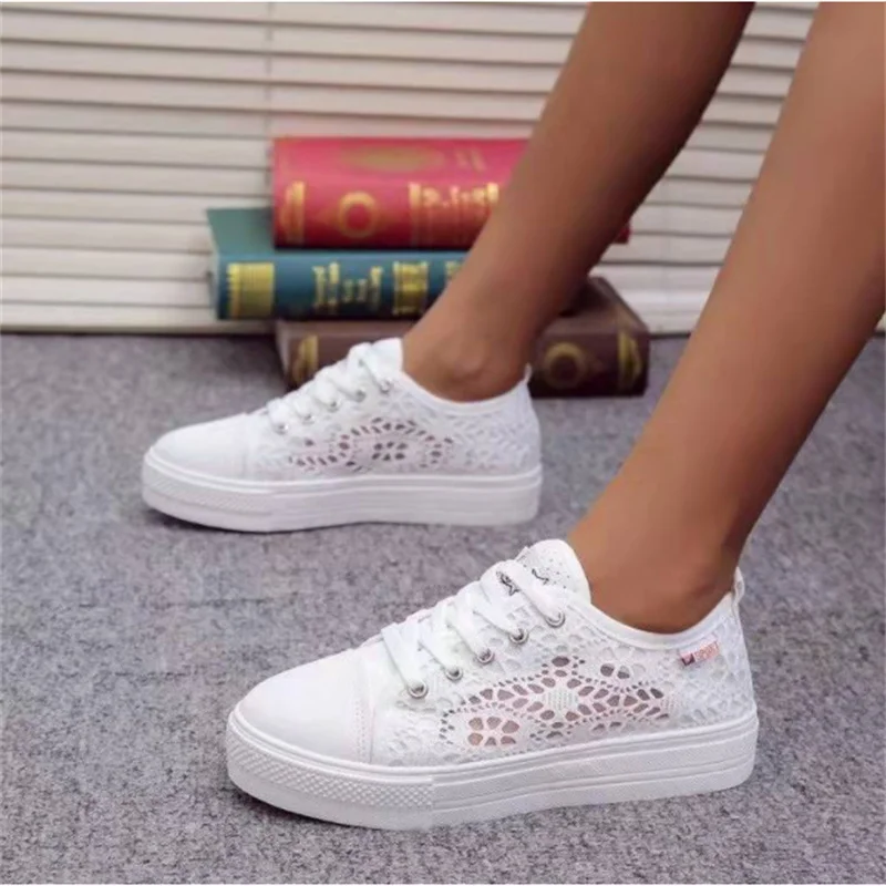 

Women Shoes 2022 Fashion Woman Sneakers Summer Casual White Shoes Cutouts Lace Canvas Hollow Breathable Platform Flat Shoes