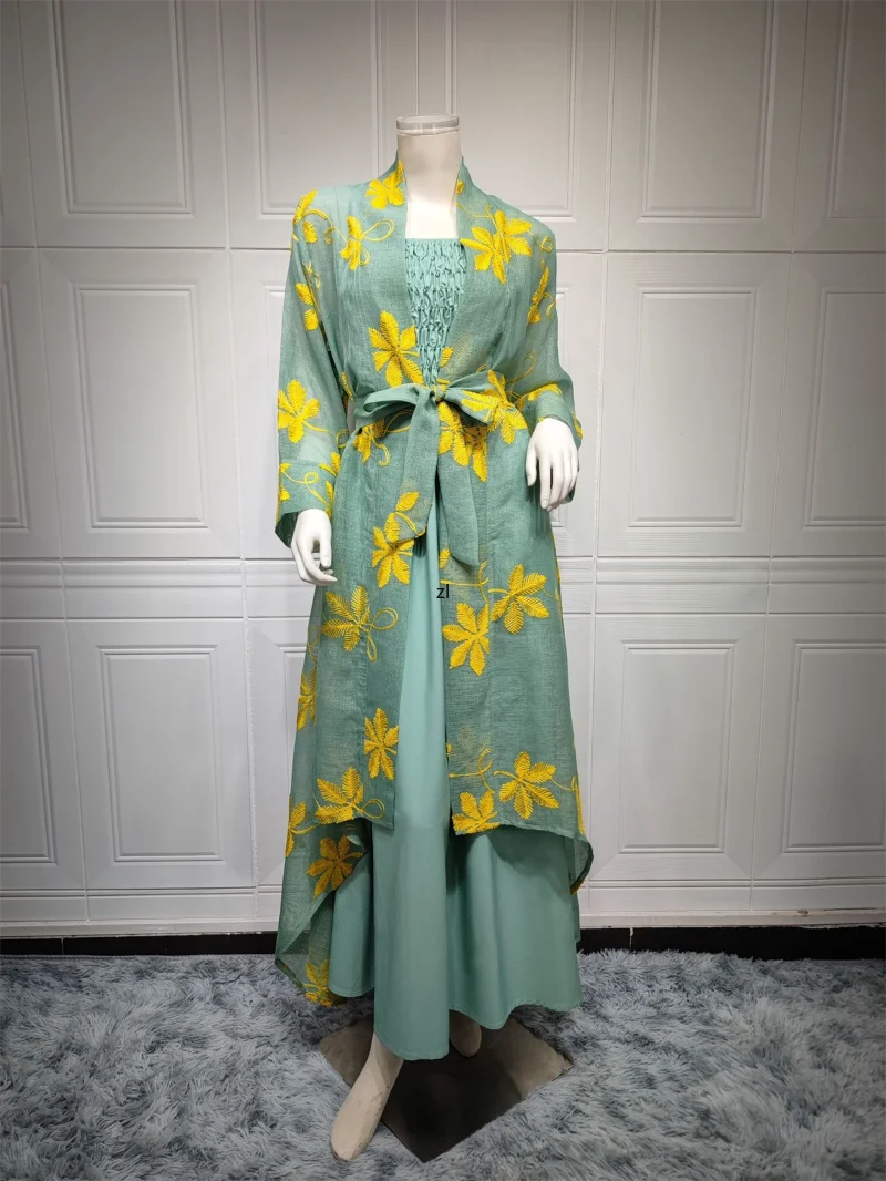 Ramadan Abaya 2 Pieces Mesh Floral Embroidery Lace Belted Kaftan Islamic Dresses Muslim Sets Turkish Evening Gown Prom Dress