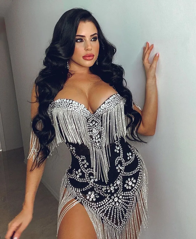 

Женский сценический комбинезон со стразами, черный цвет